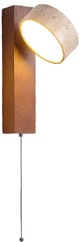 Vintage LED Wall Mounted Reading Light - Natural Stone Sconce with Rotating Arm, Pull Chain, Mid Century Modern Small Lamp for Bedroom, Living Room, Farmhouse Decor. (Walnut color With pull chain