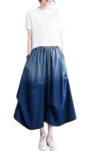 chouyatou Women's 2024 Ruched Midi Long Denim Skirt Casual A-Line High Waist Pleated Jean Skirt3