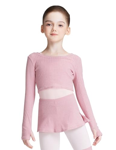 Image of Knit Crop Girls Dance Sweater and Pull on Ballet Skirts Set Athletic Ballet Warm up for Training