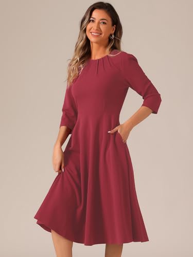 Image of Allegra K Elegant Work Dress for Women's 3 /4 Sleeve Round Neck Pockets Vintage A-Line Swing Midi Dress