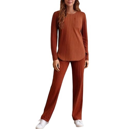 Generisch Elegante pijama para mujer, conjunto de pijama de dos piezas, acanalado, ropa de otoño, cuello redondo, manga larga, pantalones de pijama con bolsillos, O rojo., M
