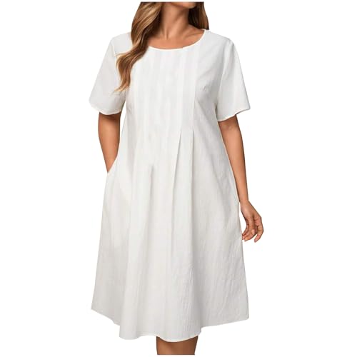 Women Summer Dresses 2025 Casual Cotton Linen Beach Vacation Knee Length Boat Neck Short Sleeve Pleated Dress White