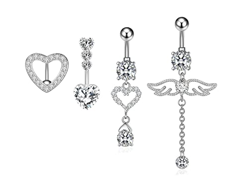 14G Surgical Steel Belly Button Rings Round/Love Heart Clear Cz Navel Curved Barbell Studs Sexy Body Piercing (4Pcs - Steel - Style A) #TOP13