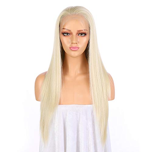 LangerHair 613# Blonde 13×6 Inch Lace Front Wigs Kanekalon Synthetic Silky Straight Hair Wigs for Woman Half Hand Tied Heat Resistant 22 Inch