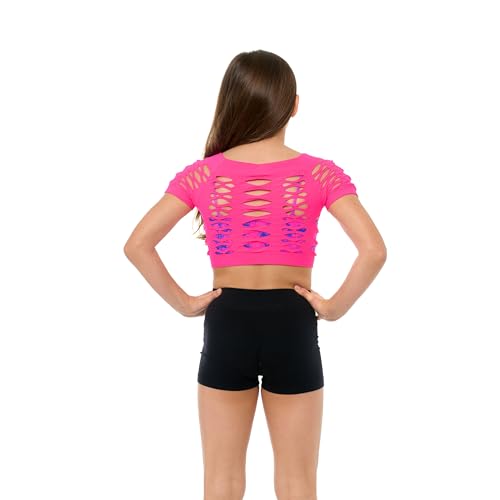 Malibu Sugar Girls Neon Shirts for Girls - Fishnet Crop Top Shirt Short Sleeve Sheer See Through Mesh Tops Perfect for Dance (Fits Ages 7-12)