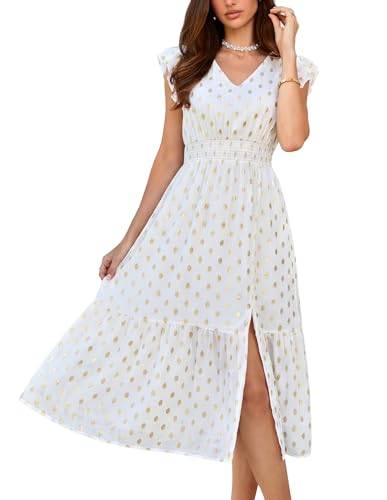Image of GRACE KARIN 2026 Womens Summer Dresses V Neck Ruffle Sleeve Floral Boho Beach Dress A-Line Swing Midi Wedding Guest Sundress
