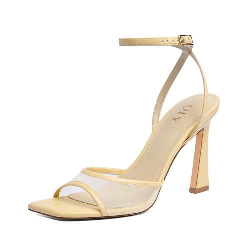 Image of QIY Strappy Heels for Women Heeled Sandals Square Toe Heel Ankle Strap Stiletto Mesh High Heels Dress Shoes