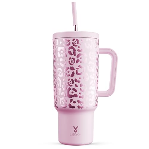 Meoky 40 oz Tumbler with Handle and Straw, Tumbler with Lid and Straw, Insulated Stainless Steel Travel Mug, 100% Leak-proof, Keeps Cold for 34 Hours or Hot for 10 Hours (Pink Leopard)