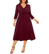Talisea Plus Size Dress for Women Twist Knot V Neck 3/4 Sleeves A Line Wedding Guest Midi Dresses