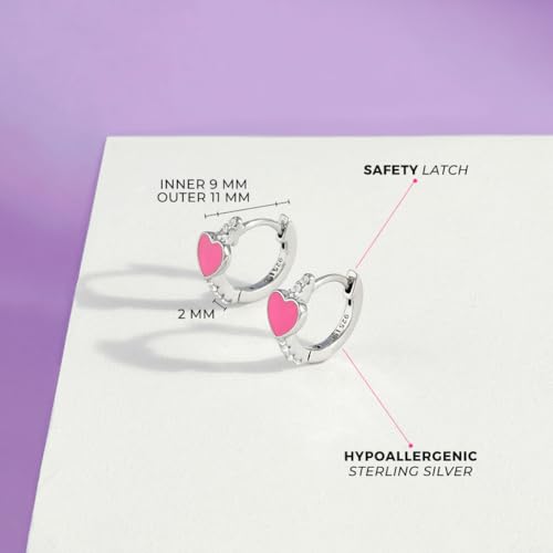 925 Sterling Silver Heart Enamel Huggie Hoop Earrings With Clear CZ - Glimmering Heart Themed Hoops For Toddlers and Little Girls4