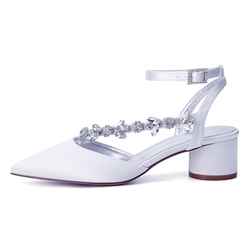 Pointed Toe Strappy Sandals For Women, Closed Toe Low Heel Women Bridal Shoes, Satin Wedding Bridal Court Shoes With Rhinestones2
