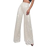 Generic Women's Casual Pants Sparkly Sequin Wide Leg Pant Loose High Waisted Shiny Party Clubwear Bling Glitter Trousers Elastic Tummy Control Lounge Straight Leg Pant(A-Silver,X-Large)
