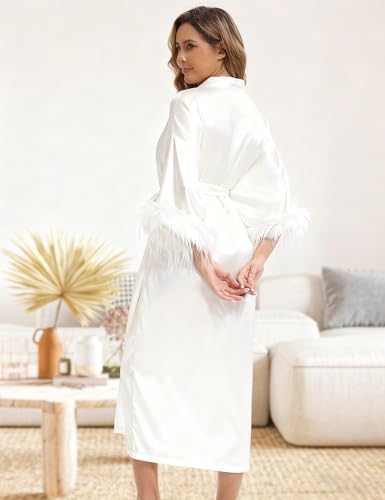 EPLAZA Bride Robe for Wedding Day Bridal Robes with Feather Long Satin Kimono Robes for Bachelor Party Getting Ready Outfits (White, One Size)