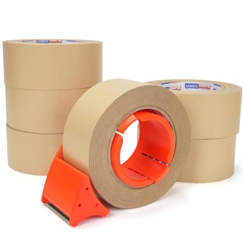 Image of ADHES Coated Kraft Packing Tape with Dispenser, 2 Inch x 55 Yards | Heavy Duty Water Resistant Kraft Paper Tape for Shipping, Moving, Packaging & Carton Sealing, 6 Rolls