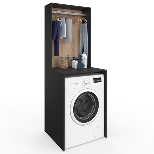 IDMarket – Mueble superior lavadora con armario Wallis negro y madera de haya