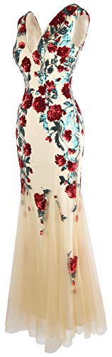 Angel-Fashions Women's Deep V Neck Rose Sequin Sheath Prom Dresses Small Red #TOP3