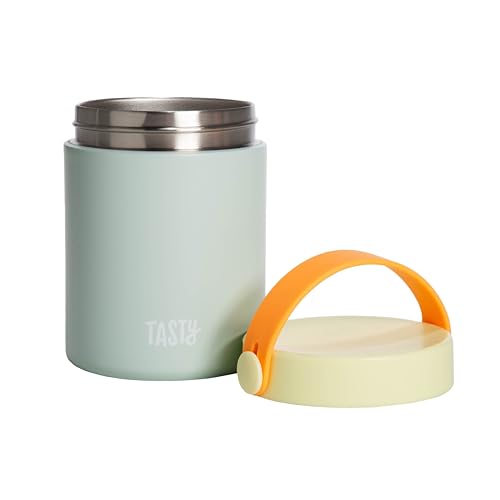 Image of Tasty Food Jar with Folding Handle, Portable Snack Travel or Lunch Container, Stainless Steel Insulated Vacuum with Leak-Proof Lid, Keeps Food Hot or Cold for Hours, 15-Ounce, Aqua