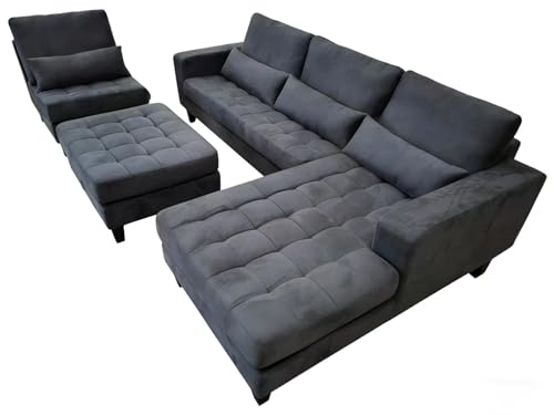 Stendmar 4pc 120' to 152' Living Room/Family Room L Shape Modern Modular Dark Grey Microfiber Sectional Sofa Set Lumbar Support Accent Pillows S6839RDG