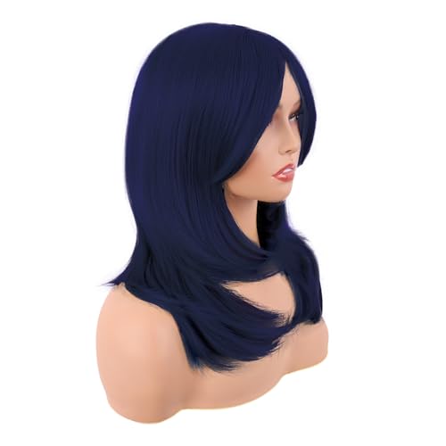 Image of MapofBeauty 20 Inch /50 cm Long Layered With Bangs Straight Synthetic fiber Shoulder Length Hair for Daily Use or Party Wig (Midnight Blue)