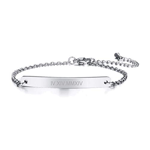 Personalized Engravable Stainless Steel Thin Bar Bracelet ID Bracelets for Women Girl, Customized Jewelry for Female