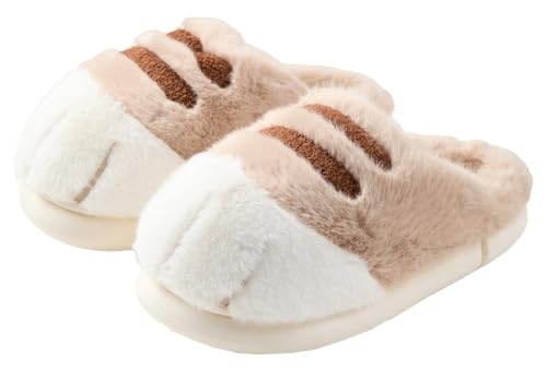 Striped Cat Paw Cozy Plush Closed - Toe Slippers Thickened Warm Non - Slip PVC Sole Unisex Indoor Outdoor House Shoes