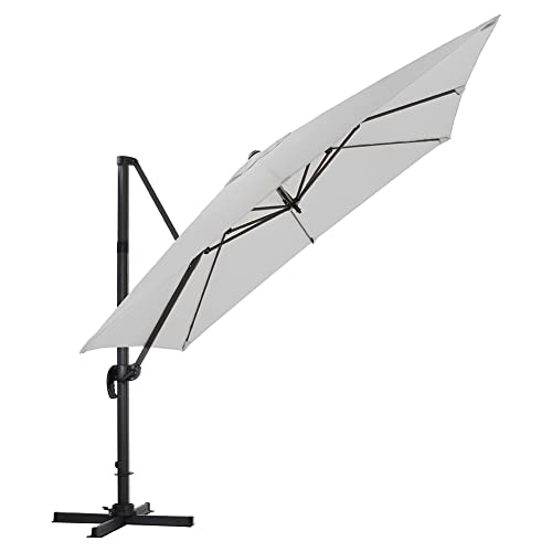 The Fellie 3 x 3m 360° Rotation Garden Parasol, Outdoor Cantilever Hanging Sun Shade Umbrella with Cross Base, 6 Adjustable Angle Patio Banana Umbrella, UPF 30+ UV Protection, Light Grey