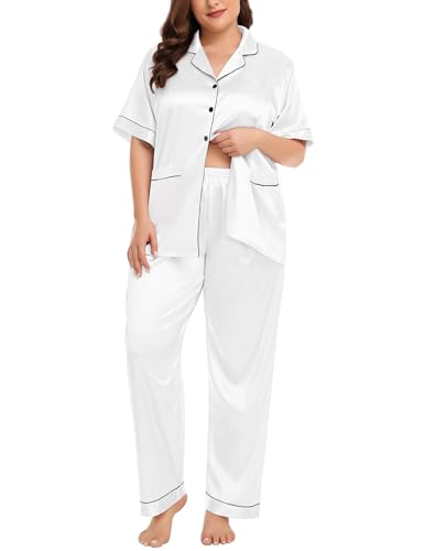 Image of SWOMOG Women's Plus Size Pajamas Silk Satin Pajama Set Short Sleeve Shirt with Full-Length Pants Pjs Sleepwear Set 18W-26W