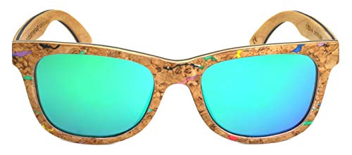 Real Natural Corkwood Frame Polarized Sunglasses Eco Friendly With Color Mirror Lens Bamboo Case included WDES02-P1GNRV(gnrv)