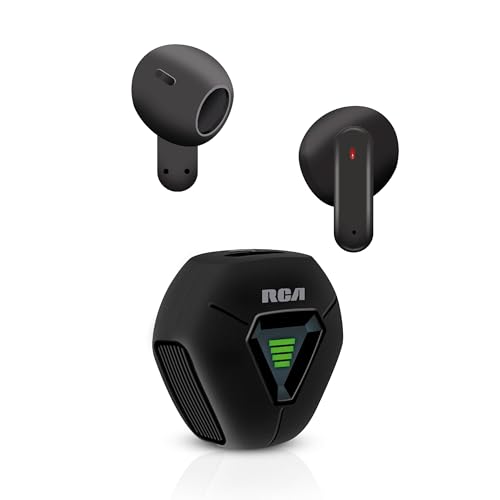 RCA Wave-78 True Wireless Earbuds, Bluetooth 5.2 Headphones with Microphone, Charging Case, 20H Playtime, Hi-Res Audio, Sweat Resistant, Compact in-Ear Design, Noise Cancelling, Black