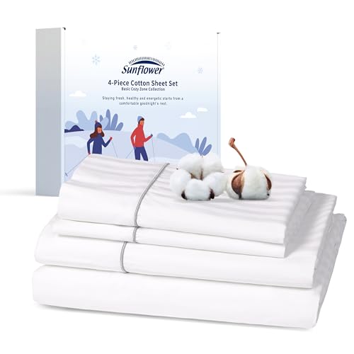 sunflower Extra Deep Queen Sheet Sets 100% Cotton Sateen, White Striped