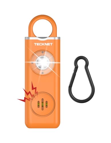 TECKNET Persönlicher Alarm, Taschenalarm mit 130 dB Sirene und LED Signalleuchte, USB Type-C wiederaufladbar Schlüsselanhänger für Frauen, Sicherheitsalarm für Kinder/Frauen/Ältere/Studenten (Orange)