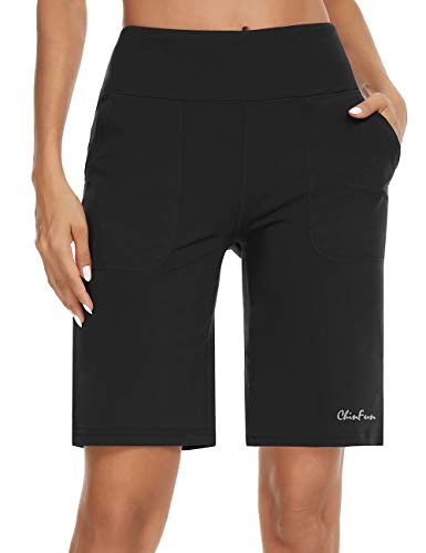 ChinFun Women's 10" High Waist Yoga Shorts Bermuda Shorts Athletic RunningWorkout Lounge Shorts with Deep Pockets Black M - Thumbnail 4
