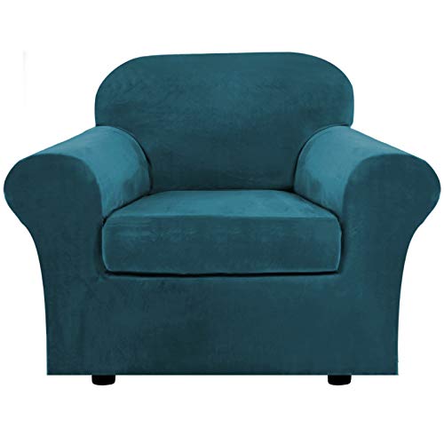 Velvet Stretch Chair Cover,2 Piece Couch Cover 1 Seater Chair Slipcover with Arms Furniture Protector Couch Soft with Elastic Bottom for Kids,Pet(Armchair-Water Blue)