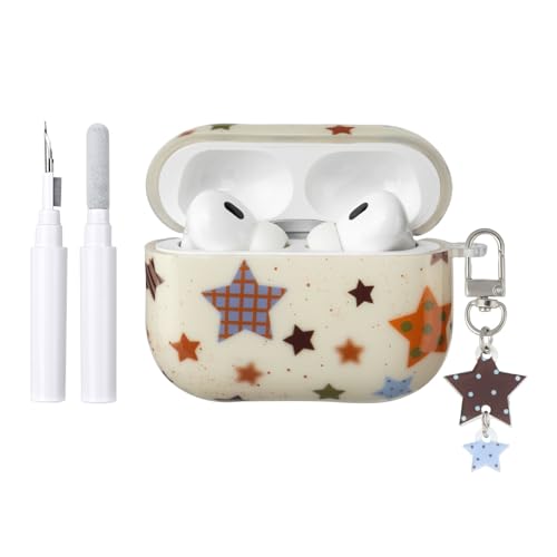 COTYPOFLIYTT Compatible with AirPods Pro/Pro 2 Case with Cleaner Kit Cute Trendy Retro Star Pattern Keychain Soft TPU Shockproof Cover for Airpods Pro 2 - Beige