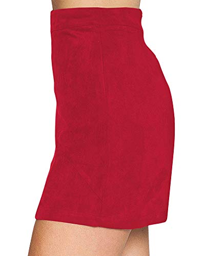 Image of MANGOPOP Women's Basic Faux Suede High Waist A-line Mini Pencil Bodycon Skirt (A03 Red, X-Large)
