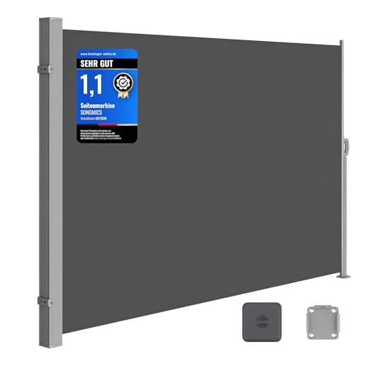 SONGMICS Seitenmarkise mit Stahl-Kasten, rostbeständig, ausziehbar, 180 x 350 cm, Windschutz, Sonnenschutz, blickdicht, Seitenrollo, für Balkon, Terrasse, Garten, anthrazit GSA185G02