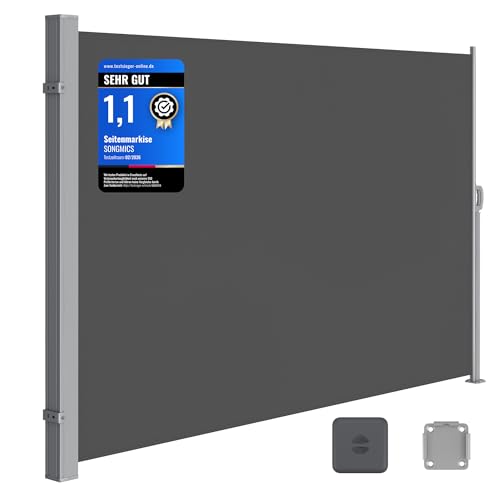 SONGMICS Seitenmarkise mit Stahl-Kasten, rostbeständig, ausziehbar, 160 x 300 cm, Windschutz...