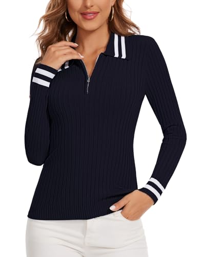 Soneven Womens Quarter Zip Sweaters Color Block Lapel Pullover Sweater Slim Fit Ribbed Knit Sweater Tops