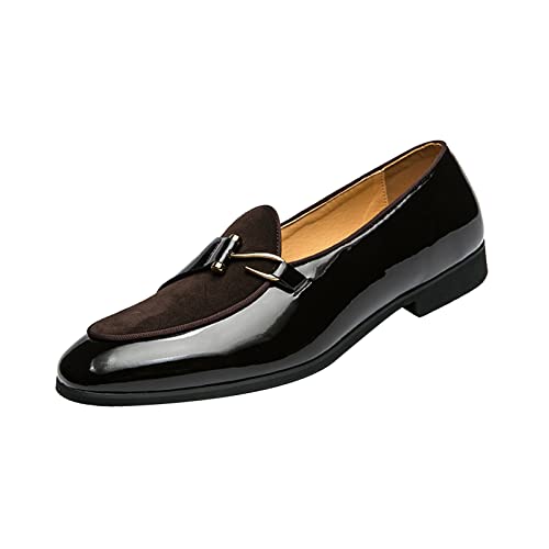 Men's Pointed-Toe Tuxedo Dress Shoes,Fashion Patent Leather Splicing Suede Casual Business Derby Oxford Slip-on Loafer