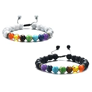 flipfit 7 Chakra Bracelet Natural Healing Gemstone Bracelet 8mm Yoga bead Braided Bracelet,2PCS,Handmade,For Men Women (Lava Chakra+Howlite Chakra)¡­