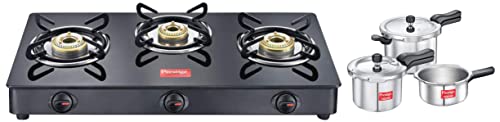 Image of Prestige Svachh Aluminium 2+3+5 Litre Combo cooker with Induction Base + Prestige IRIS LPG Gas Stove, 3 Burner, Black