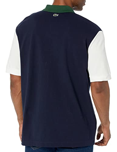 Lacoste Contemporary Collection's Men's Short Sleeve Loose Fit Pique Graphic Polo Shirt, Navy Blue/Flour-Green, Large #TOP1