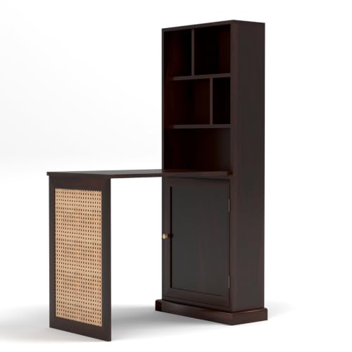 Image of Sheesham Wood Foldable Study Table with Bookshelf & Storage Cabinet | Cane Panel Writing Desk (Walnut Finish)