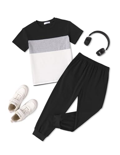 Image of Arshiner Boy's Pants Set - 2 Piece ColorBlock Short Sleeve T-Shirt and Active Pants - Casual Clothing Outfits 5-12 Years