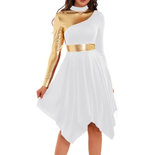 inlzdz Tanzkleid Damen Eiskunstlauf-Kleid Langarm Asymmetrischer Saum Kleider Ballettkleid Ballettkleidung Turnanzug Tanzkostüm für Abschlussball...
