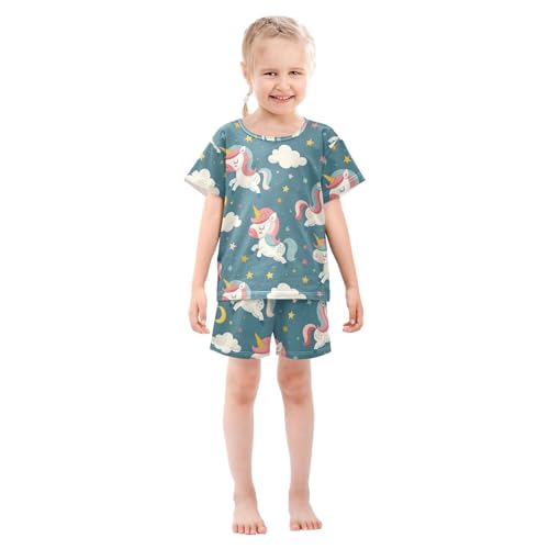 ALAZA Cartoon Sweet Unicorn Blue Pajamas Short Sleeve 2 Piece Sleepwear Top and Bottom Pajama Set Unisex3