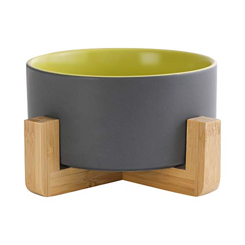 Image of Gray Green Ceramic Dog Bowl with Wood Stand No Spill Pet Food Water Feeder Cats Small Dogs