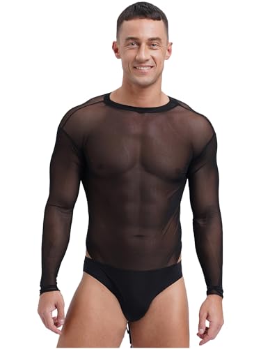 Mens Sexy Mesh Sheer See Through Long Sleeve High Cut One-Piece Bodysuit Leotard Lingerie2