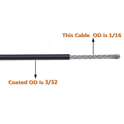 Stainless Steel 304 Black Wire Rope, Vinyl Coated, 7X7 Strand Core,Wire Rope Od Is 1/16"，Coated Od Is 3/32"， 164' Length, 326 Lbs Breaking Strength #TOP1