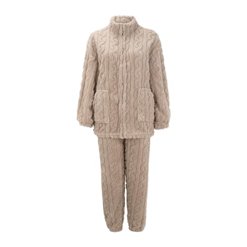 Pigiami Donna Completo da Donna in Pile Fuzzy con Trama, Manica Lunga, 2 Pezzi, Completo da casa, Maglione, Pantaloni, Tuta Pigiama Donna Felpato Pigiama Mamma Incinta (Coffee, XXL)